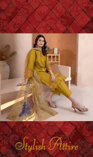 Pakistani Original Rangoon Cotton Stitched 3 Pcs _ Olive Mustard 